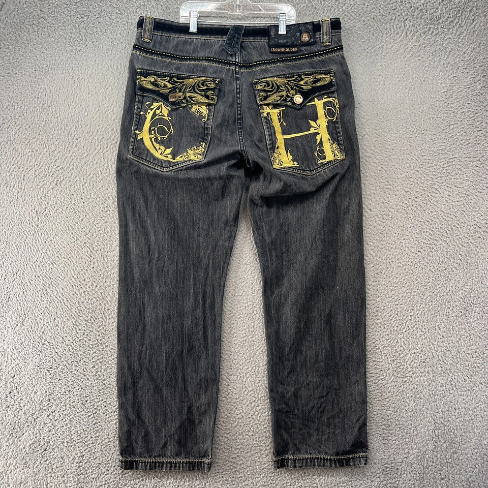 Pantalones de mezclilla negros bordados de hip hop calce holgado 38x33 Crown Holder para hombre * Foto 2 de 4