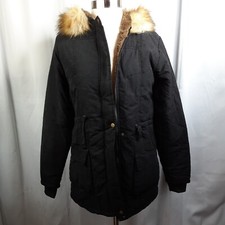 Women's Parka Winter Coat Black Faux Fur Lined Hooded Winter Jacket Size 6 780