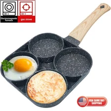 4 Hole Cup Egg Hamburger Pancake Maker Non-Stick Frying Pan with Wooden Handle