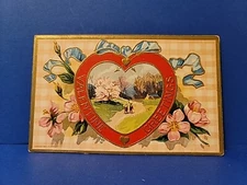 Antique 1909 VALENTINE GREETINGS Postcard Couple On Path HEART Flowers Embossed