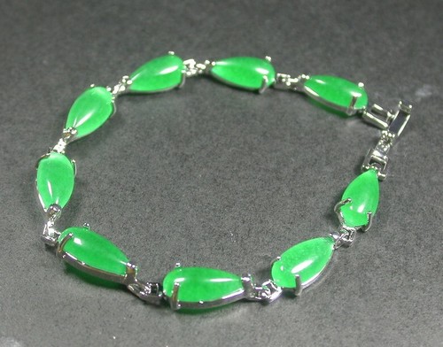 White Gold Plate Green JADE Bead Beads Teardrop Bangle Bracelet 100272 - Picture 2 of 5
