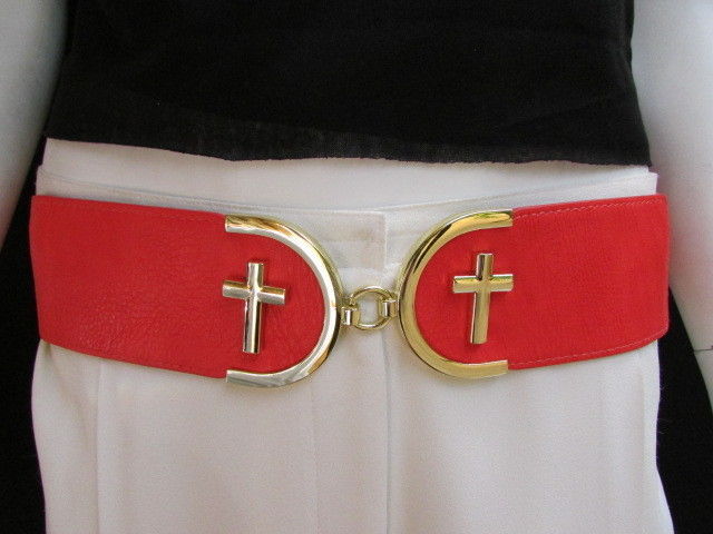 WOMEN HIGH WAIST HIP CORAL PINK COLOR ELASTIC FASHION BELT GOLD