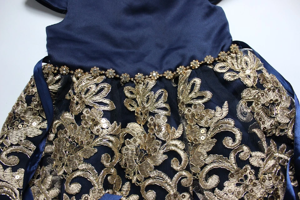 Vestido de festa de renda azul marinho e dourado para meninas edições raras – tamanho formal 4 - Imagem 3 de 4