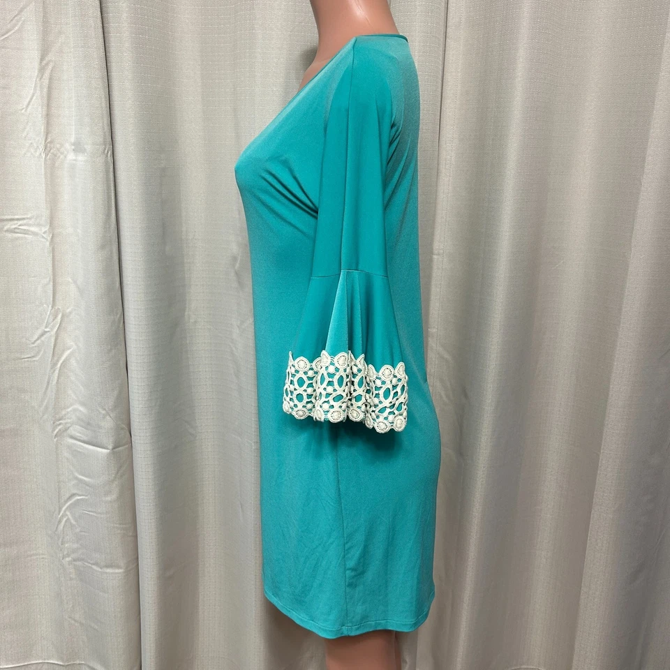 Judith March Bell Sleeve Pullover Mini Dress Women's Sz Large Teal Crochet Trim - Image 4 of 4