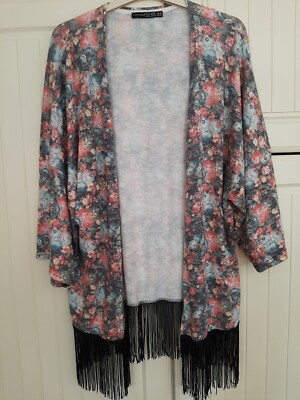 Primark Atmosphere Fringe Kimono Size S 10 -14 Fine Knit Oversized Cardigan VGC 