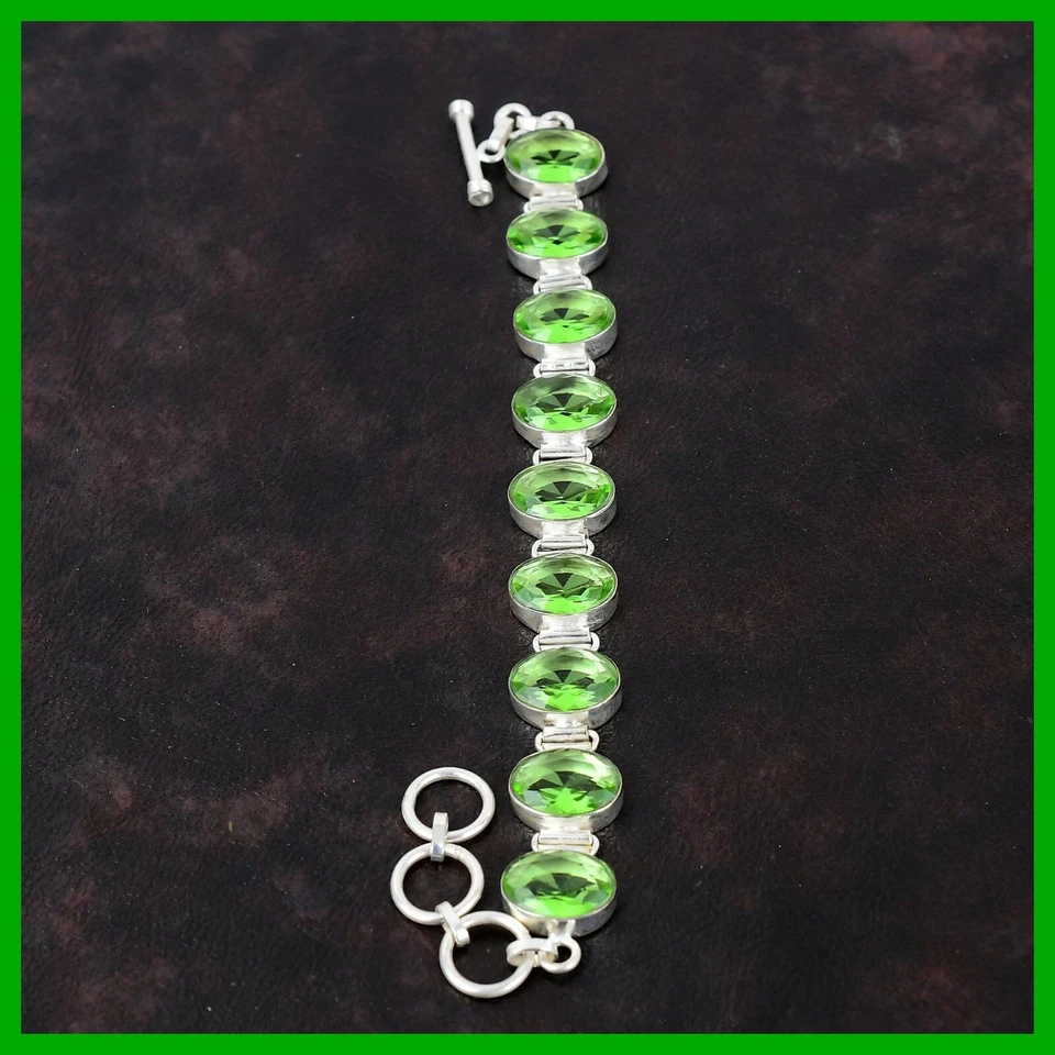 Pulsera Ovalada Cadena de Piedras Preciosas Amatista Verde Art Deco Joyería Plata de Ley 925 Foto 3 de 4