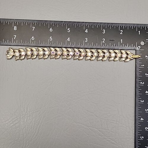 Vintage Rhinestone Bracelet Linked AB Glass Gold Tone Leaves 7.25" - Picture 10 of 15