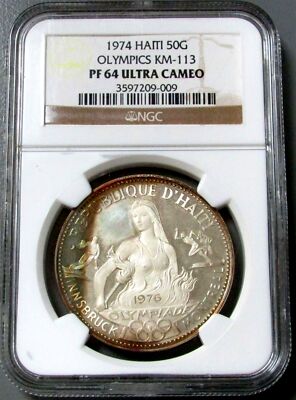 1974年フランス リヴル・ド・ケルズ　大型銀メダル NGC高鑑定 1974 SILVER HAITI 50 GOURDES 76 OLYMPICS MASTERPIECE COLLECTION