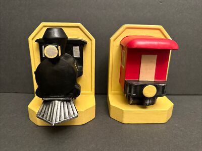 Vintage Hand Painted Ceramic Train Engine and Caboose Bookends