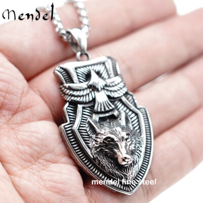 #ad MENDEL Mens Norse Viking Tribal Wolf Head Eagle Pendant Necklace Stainless Steel $14.99