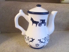 Vintage Cracker Barrel Teapot Coffee Pot Blue & White Amish Horse Buggy Country