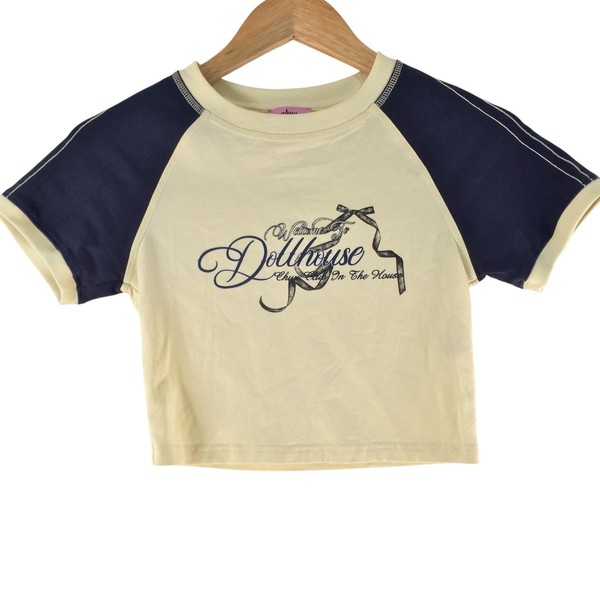 Chuu T-Shirt Womens au 6 Yellow Navy Crew Neck Raglan Cropped Dollhouse 132551