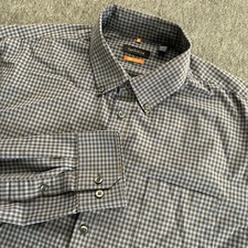 Van Heusen Traveler Shirt Mens XL 17-17.5 Blue Brown Check Long Sleeve Stretch
