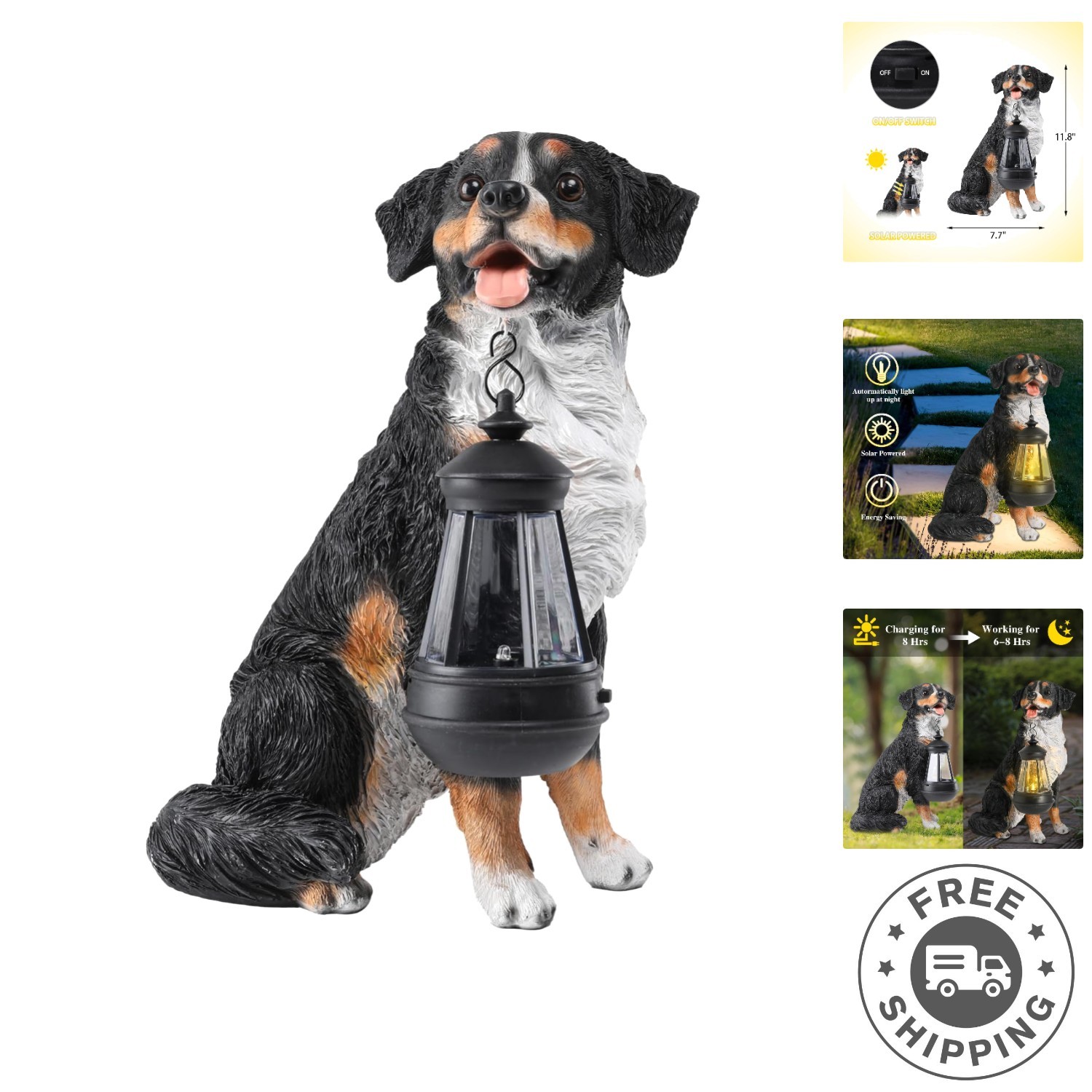 Elegant Bernese Dog Figurine with Solar Lantern - Perfect fo