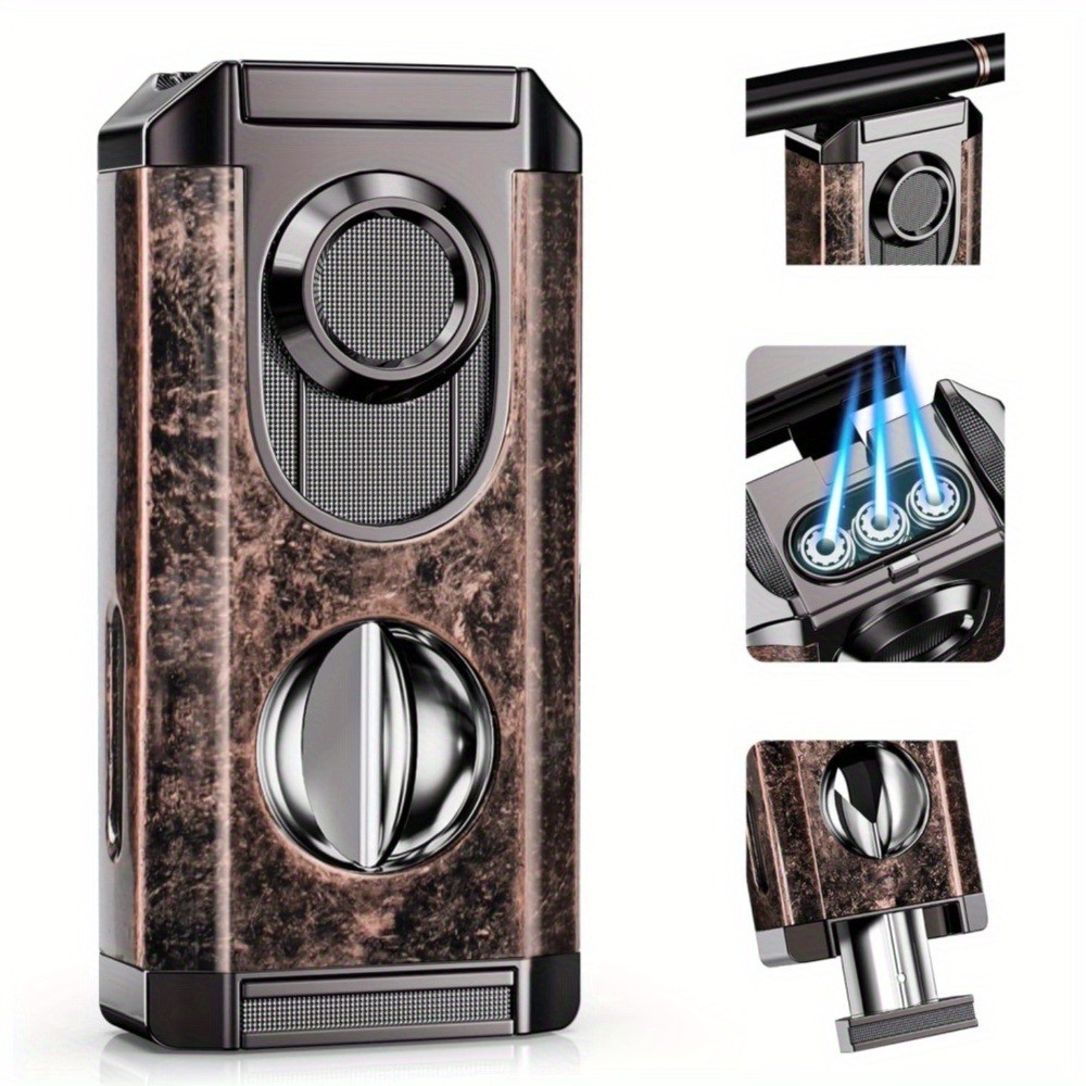 1 Pc Torch Lighter with Triple Jet Flame Built-in V Cutter Holder Cigar Lighter