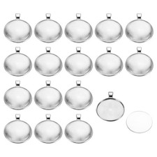 Pendant Trays with Glass Cabochons, 30 Sets 30mm Round Bezel Trays, Silver Tone