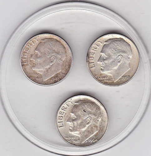 3  x  Roosevelt   Dimes  (90% Silver)  Sharp  (1946 D, 1958 D, & 1964 P)  Coins