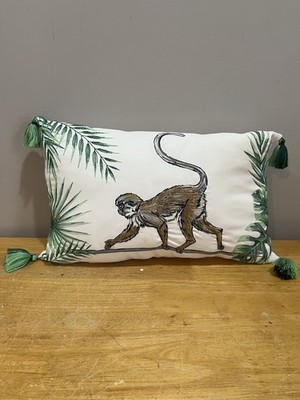 Pier 1 Monkey Palm Trees Throw Pillow 20x12 Green Brown Embroidered Tassels