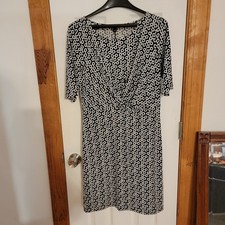 Ann Taylor Factory Dress Black White Geometric Print Faux Wrap Knit Stretch S