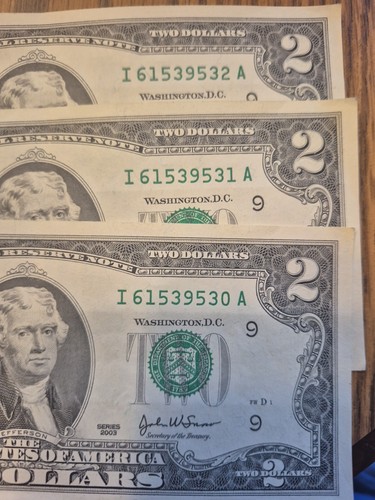 VF-CU Sequential $2 Bills Series-Consecutive Serial Numbers Set of 3s&2s 1995-13
