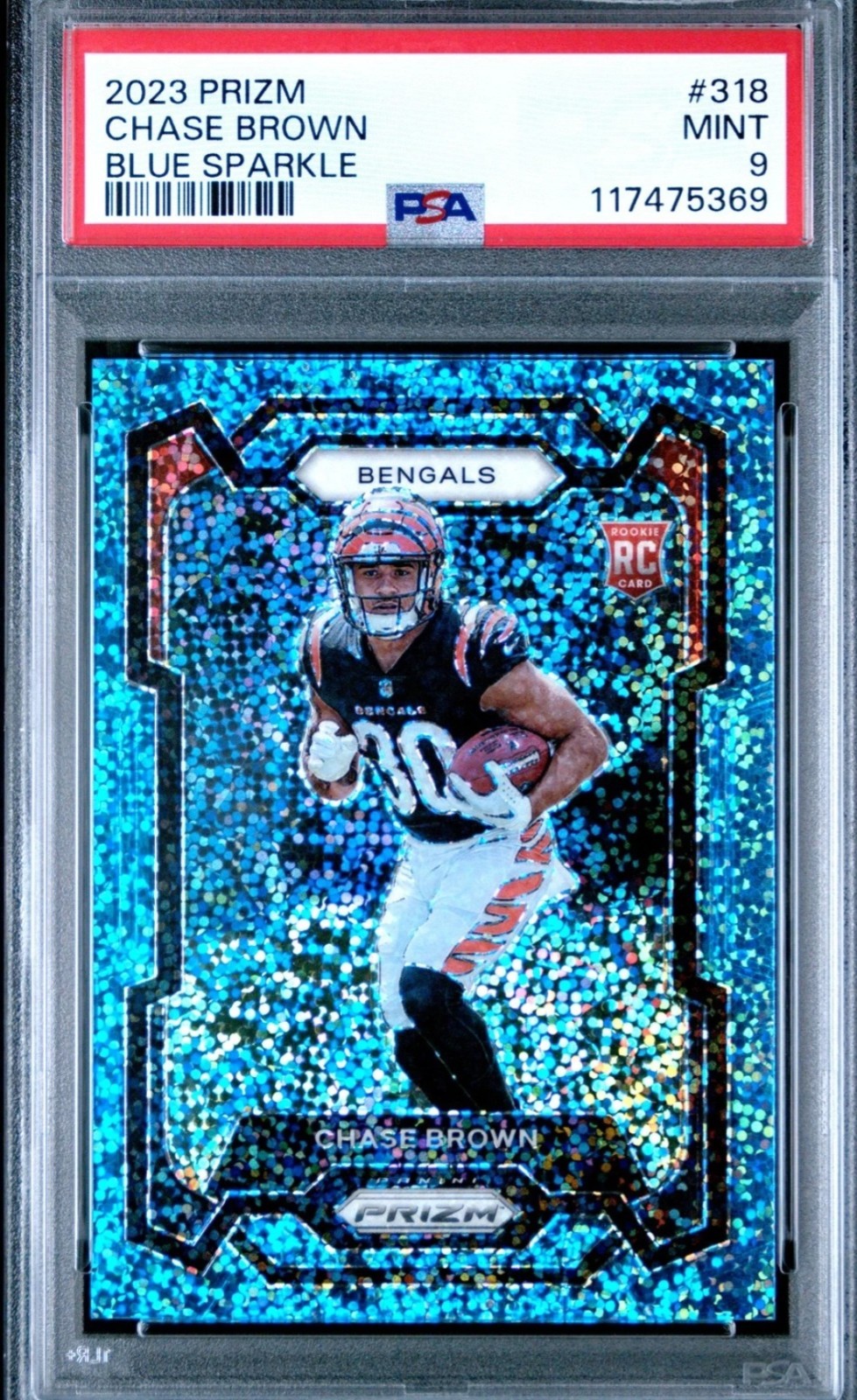 2023 PANINI PRIZM BLUE SPARKLE #318 CHASE BROWN ROOKIE RC 81/96 PSA 9