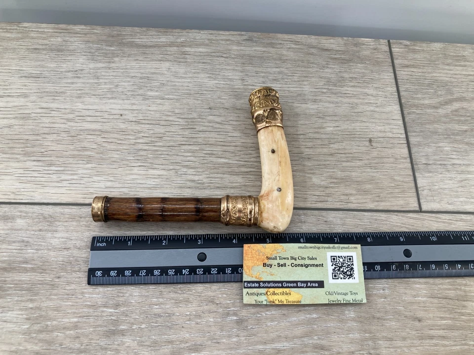 Antiguo mango de paraguas de caña de hueso de ciervo K&H chapado en oro varilla de bambú Foto 4 de 4