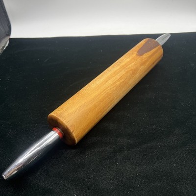 Vintage Wood Rolling Pin with Chrome Handles 18  Overall Length Wooden Red Band