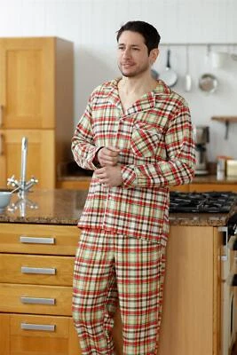 BOGARI Mens Check Pyjama Set Red Plaid Brushed Warm Thermal Italian Design PJ