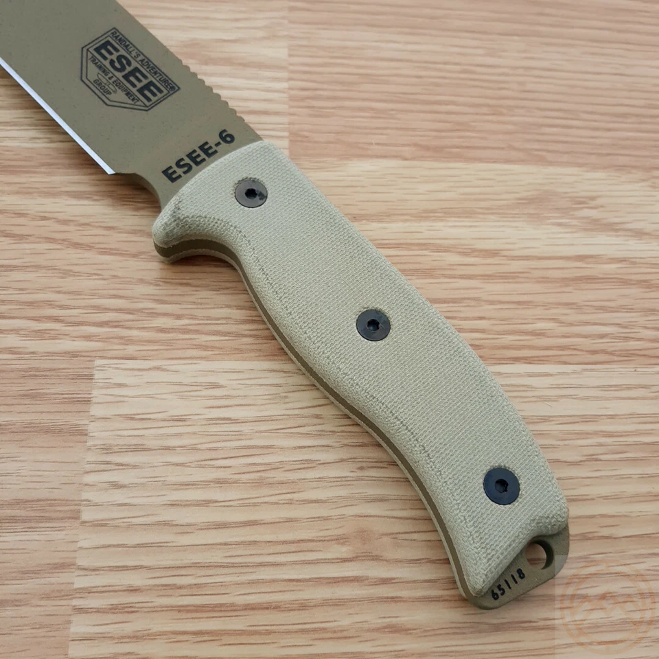 Cuchillo fijo táctico ESEE modelo 6 5,75" 1095HC hoja de acero al carbono mango Micarta Foto 3 de 4