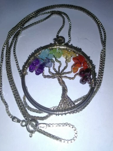 Tree of Life Pendant w/ Gemstone & Chain .925 Sterling Silver Necklace Rainbow  - Image 4 of 4