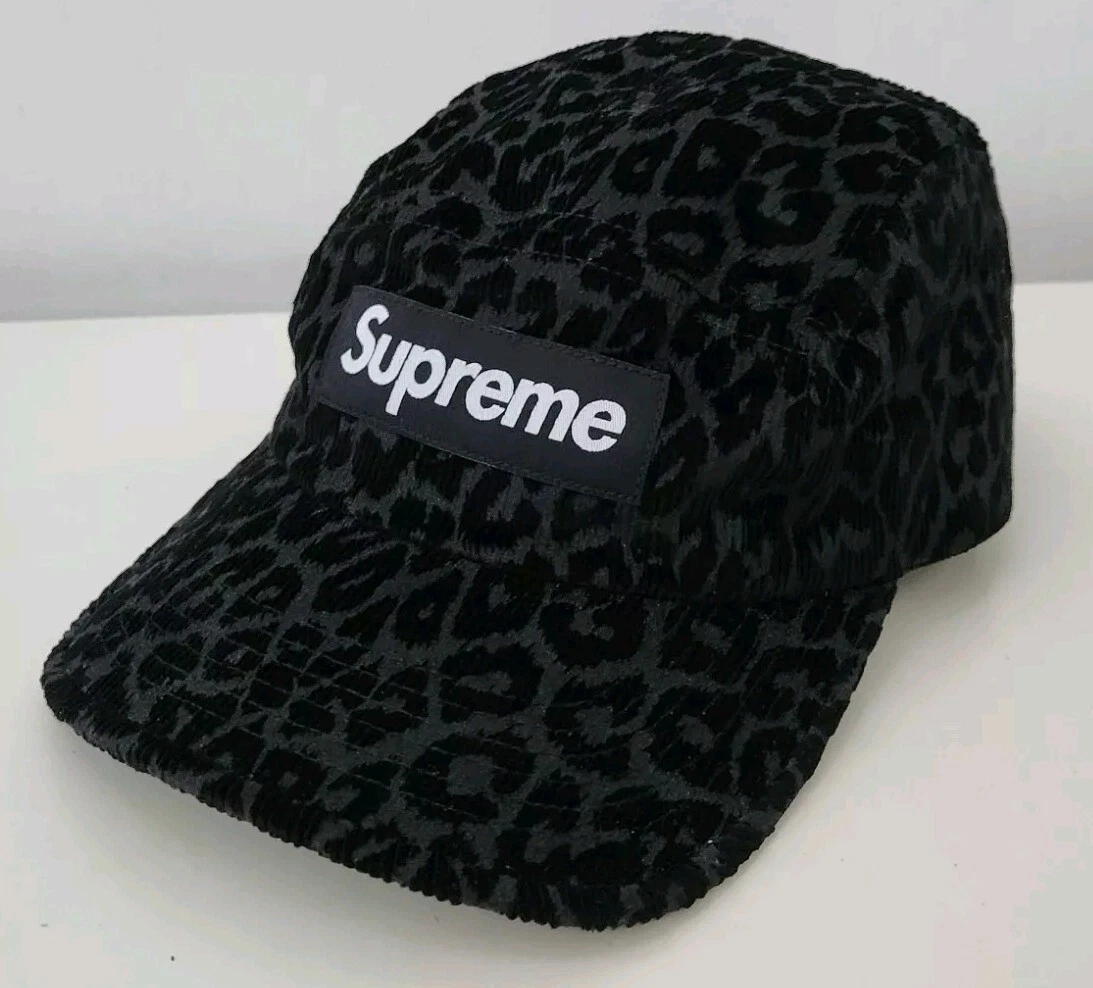 FW23 Supreme Leopard Corduroy Camp Cap Hat Black Box logo