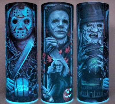 Slashers Jason Micheal Freddy GLOW IN THE DARK 20oz Skinny Tumbler BRAND NEW