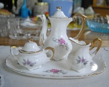 Vintage Miniature Bone China Doll White Pink Roses Coffee Tea Pot Sugar Creamer