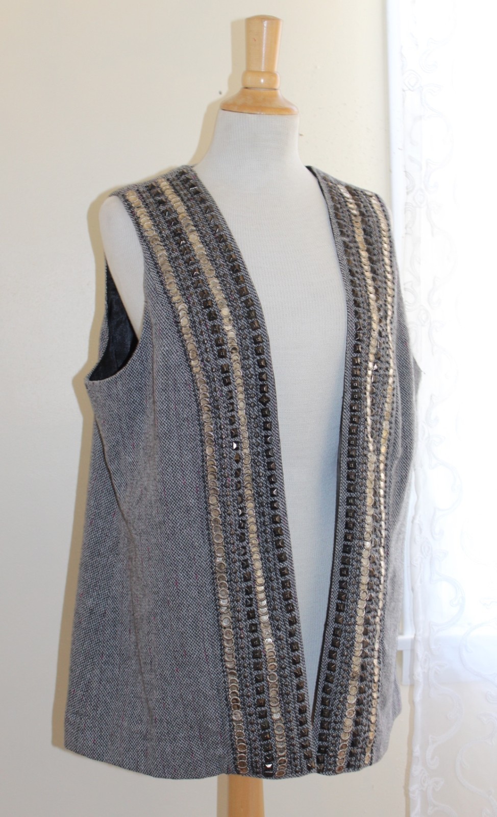 ALTRA Giacca gilet Chico's argento art to wear bagels perline funky cool taglia 2 L