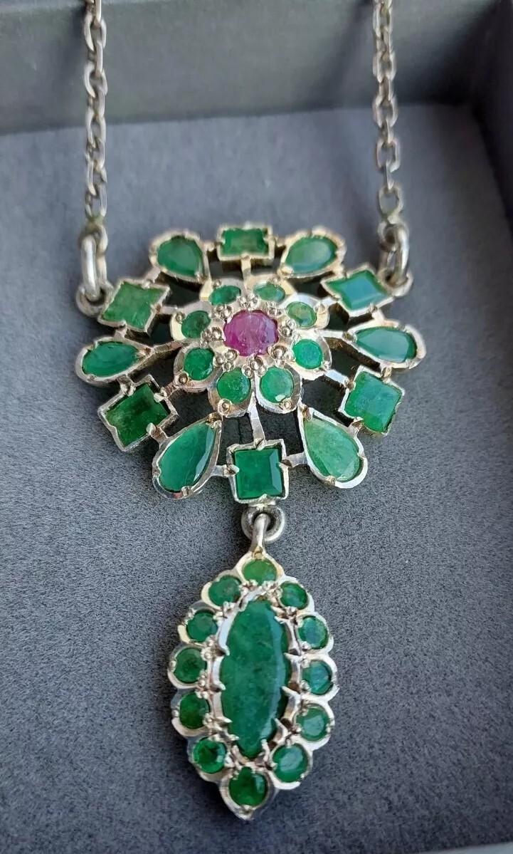 Silver Necklace Emerald Ruby Large Pendant Heavy … - image 6
