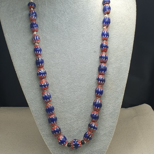 Venetian Style Vintage Blue Chevron Beaded Necklace - Picture 3 of 22