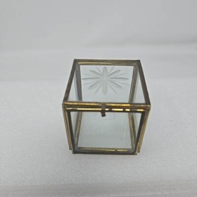 Vintage Ormolu Brass Glass Clear Display Case Jewelry Box Trinket Vanity