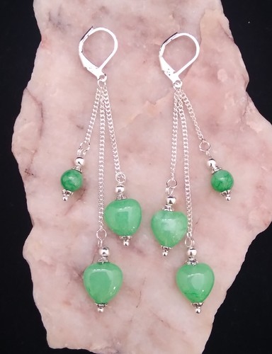 Green Jade Heart Beads , 925 Silver Leverback Earrings. Handmade In Gift Bag - Picture 5 of 5