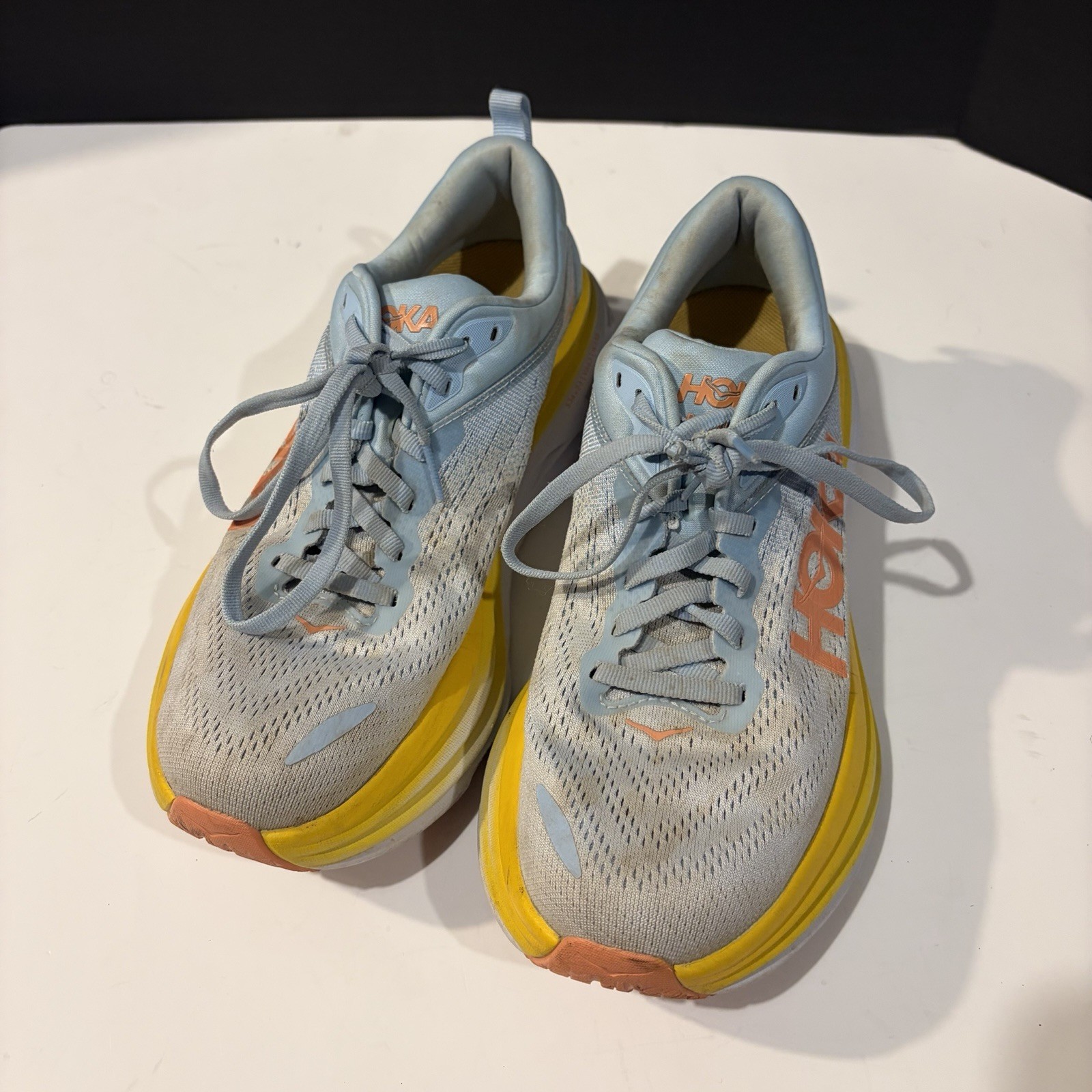 HOKA ONE ONE Bondi 8 Shoes Womens Size 8B Blue Yellow Max Cushion Road Running thumbnail 3