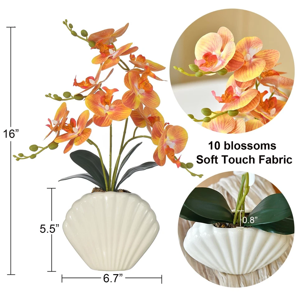 Planta de orquídea artificial Phalaenopsis en maceta concha marina, flores de orquídea falsas de 16"... Foto 2 de 4