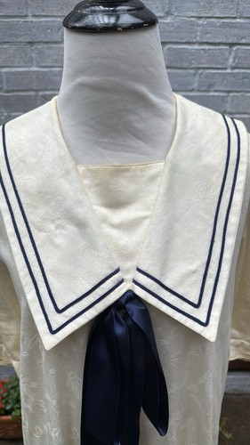 Vintage 80s Laura Ashley Great Britain Ivory Linen Blend Sailor Dress Large - Picture 5 of 11
