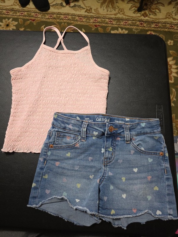 Girls Sz 7/8 Denim Heart Shorts And Stretchy X Strap Top