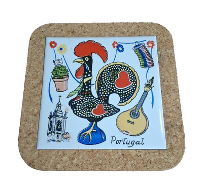 Reber Genuine Hand Painted Cork Tile Portugal Trivet Rooster 5 3/4'' X 5 3/4''