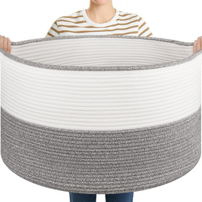 Large Blanket Basket with Handles, 22.8'' X 22.8'' X 13'' Woven Storage Basket for