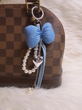 Denim Bow Pom Pom Keychain Bag Charm Silver Color Heart Faux Pearl Strap Gift