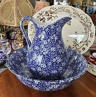 OLD ENGLAND ネイビー 花柄ジャケット 34 Large Bowl & Pitcher CALICO Blue Crownford China Co. Staffordshire