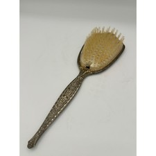 Vintage Ornate Silver Tone Floral Repousse Hair Brush Nylon Bristles Vanity