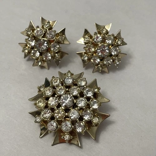 Vintage Costume Jewelry Maltese Cross Earring Brooch /Pendant Set