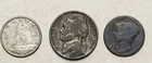 3 Silver Coins: 1917 Mercury dime, 1944P nickel, 1960 Canadian dime