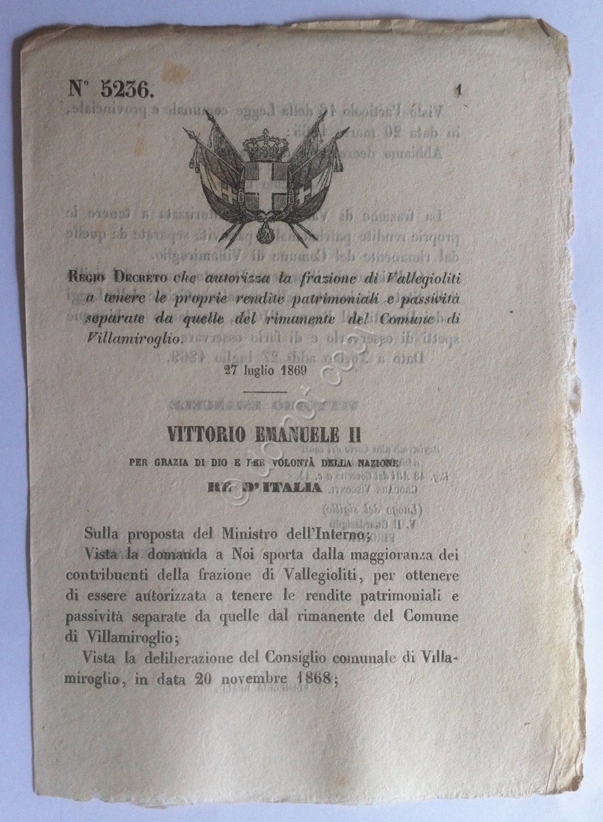 Regio Decreto 5236 frazione di Vallegioliti del Comune di Villamiroglio 1869